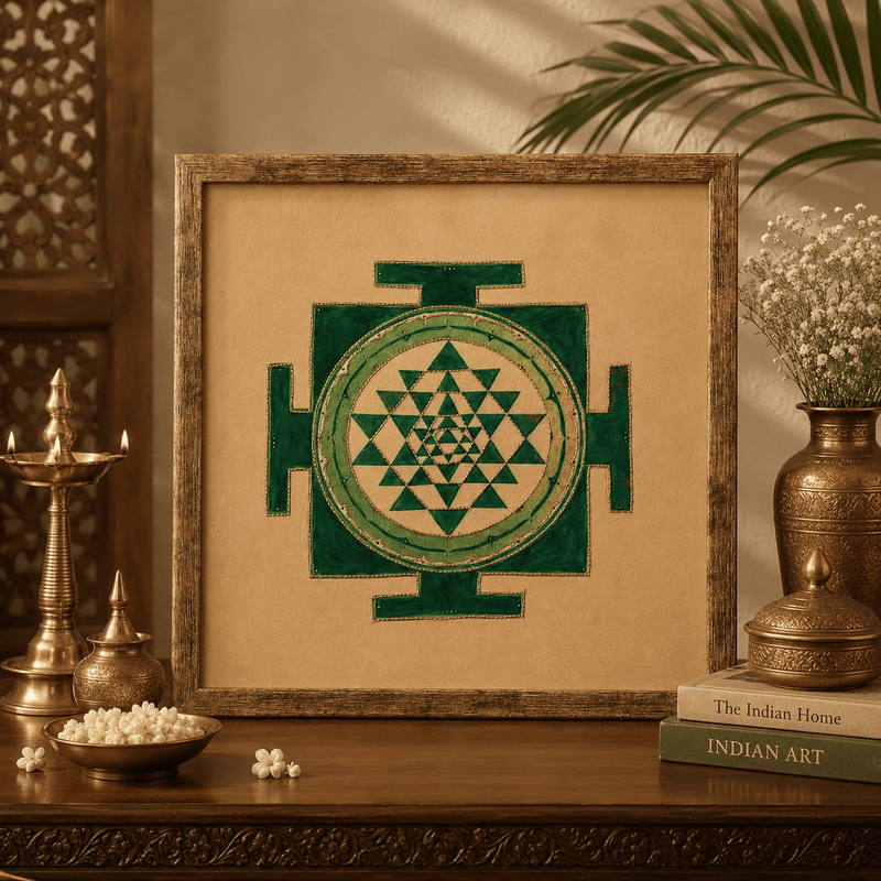 Sacred Emerald  Shree Yantra – Hand Embroidered Art