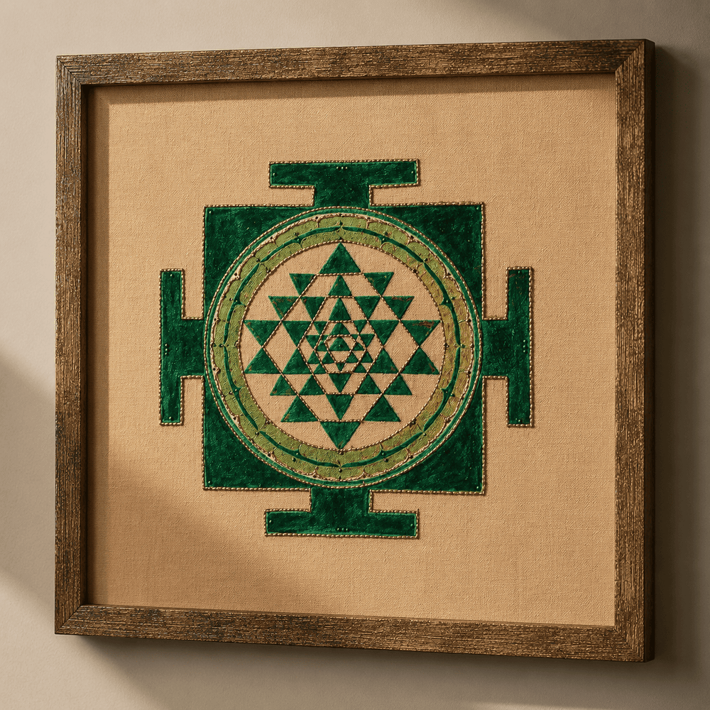Sacred Emerald  Shree Yantra – Hand Embroidered Art