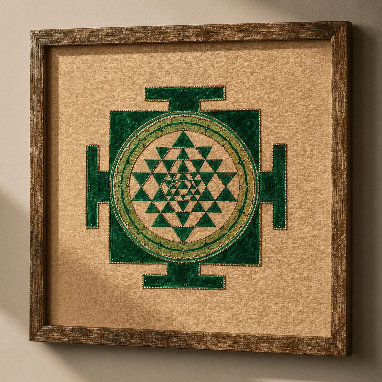 Sacred Emerald  Shree Yantra – Hand Embroidered Art