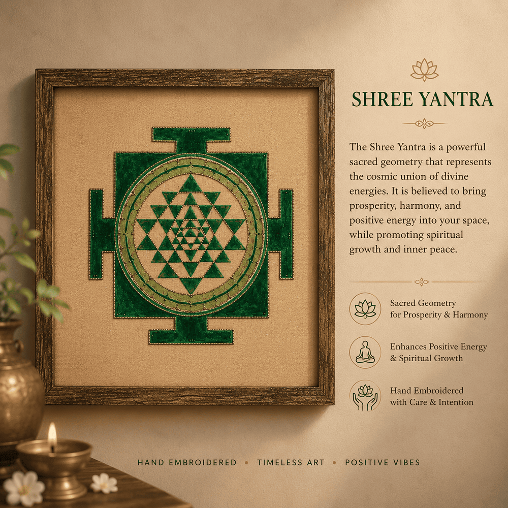 Sacred Emerald  Shree Yantra – Hand Embroidered Art