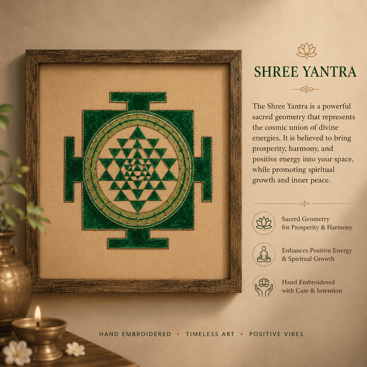 Sacred Emerald  Shree Yantra – Hand Embroidered Art