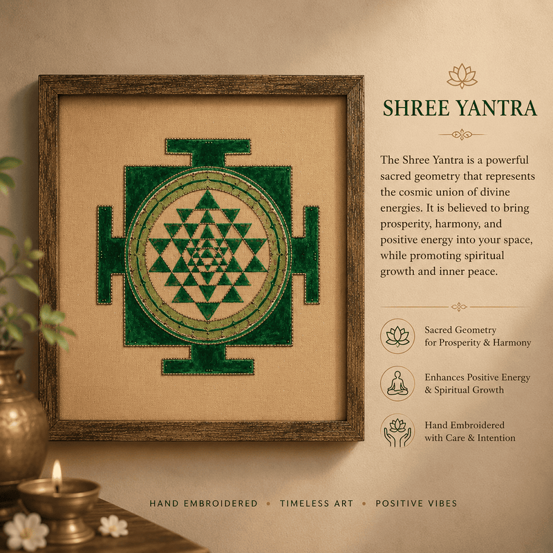 Sacred Emerald  Shree Yantra – Hand Embroidered Art