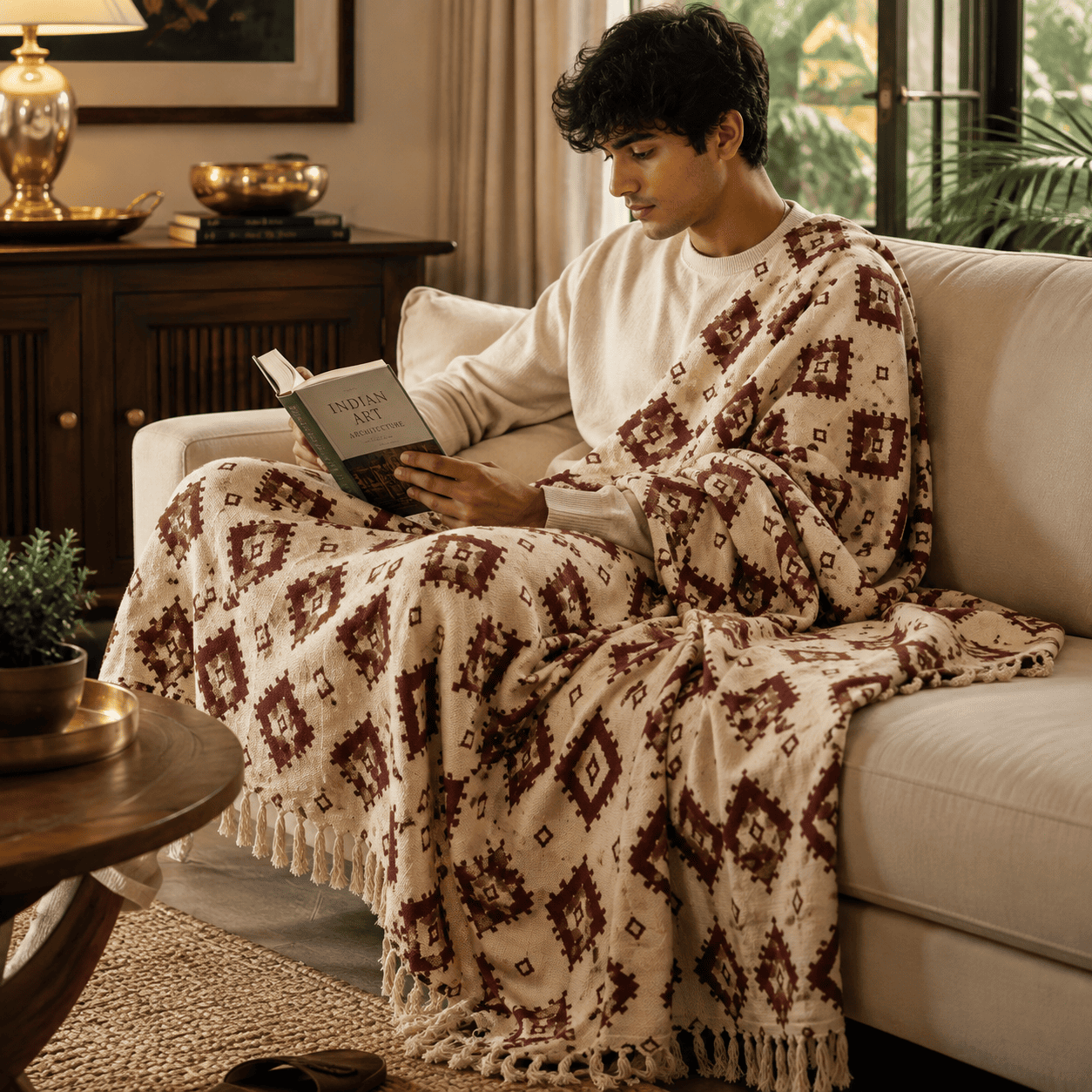 Burgundy Ikat-Inspired Throw