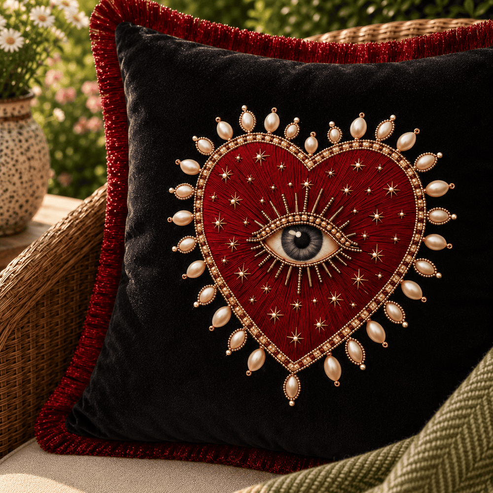 Evil Eye – Hand Embroidered Velvet Cushion Cover