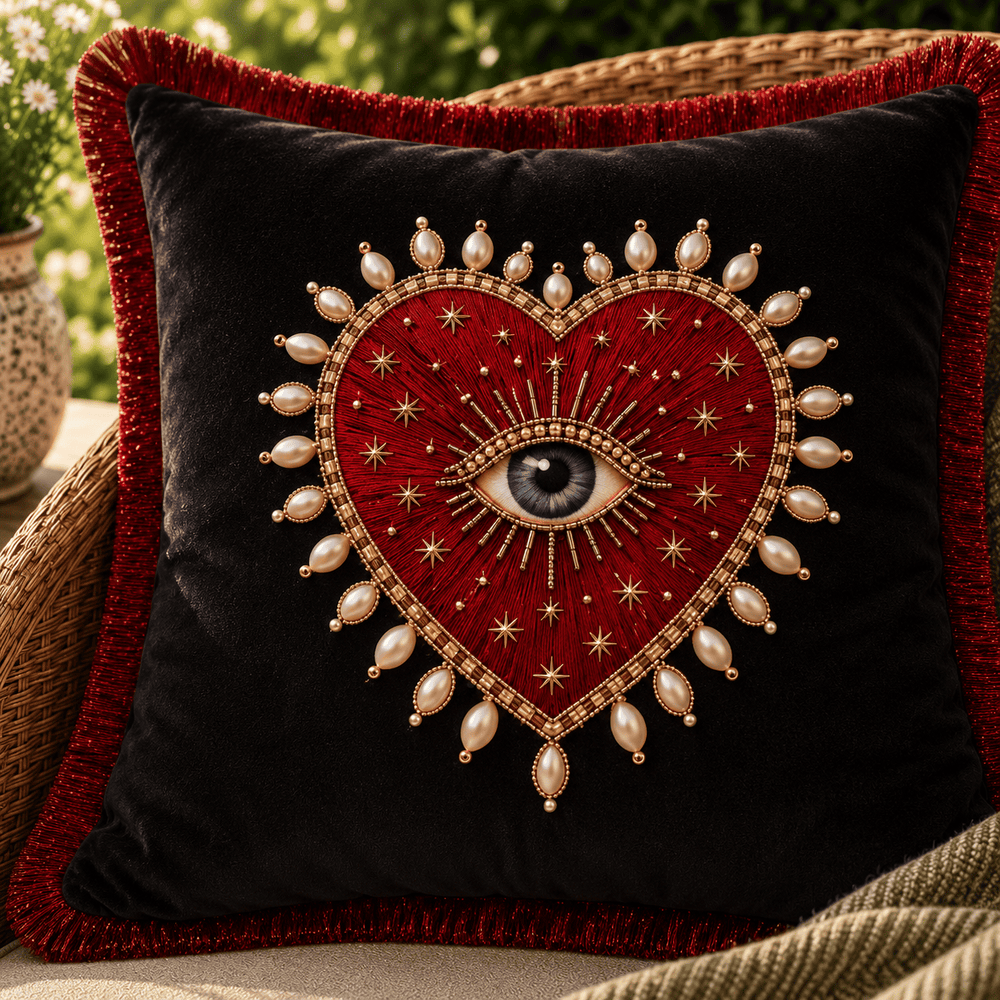 Evil Eye – Hand Embroidered Velvet Cushion Cover
