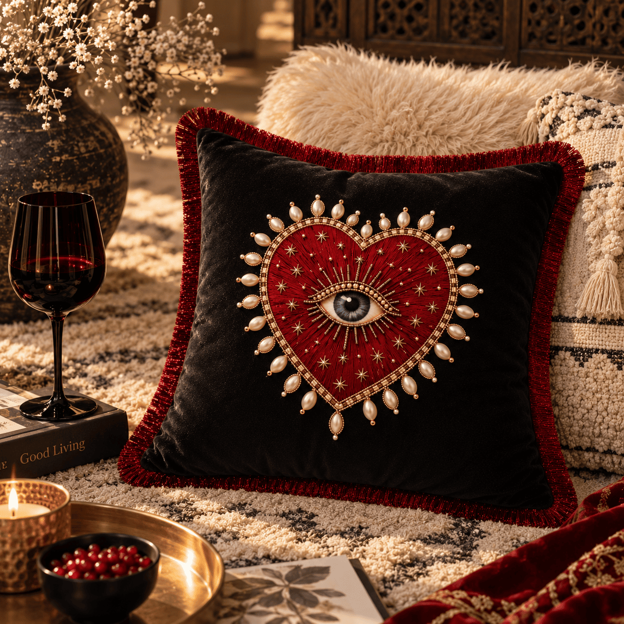 Evil Eye – Hand Embroidered Velvet Cushion Cover