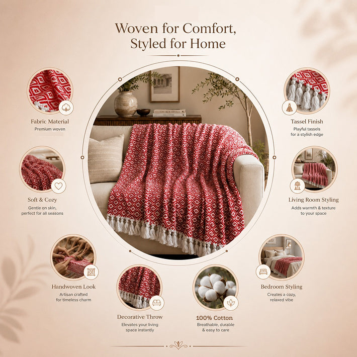 Crimson Loom Self-Weaved Cotton Throw