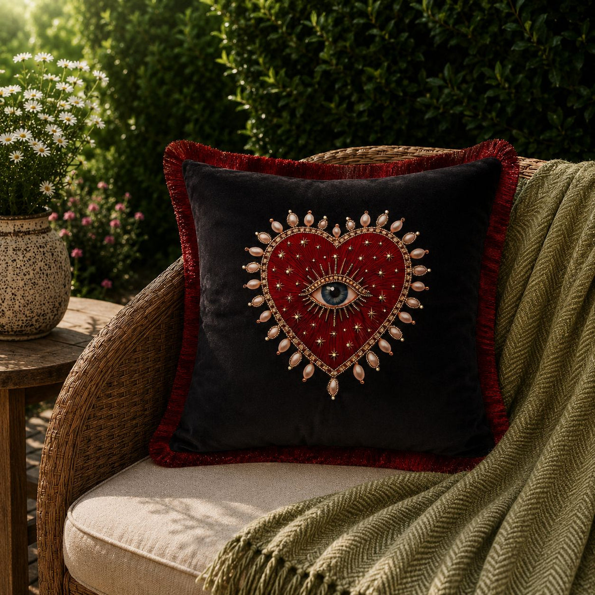 Evil Eye – Hand Embroidered Velvet Cushion Cover