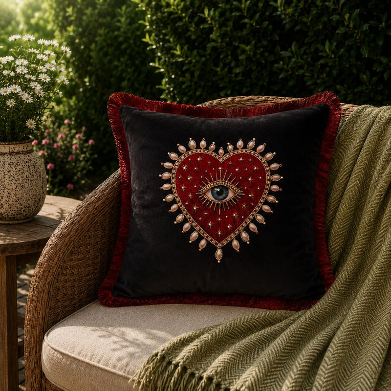 Evil Eye – Hand Embroidered Velvet Cushion Cover