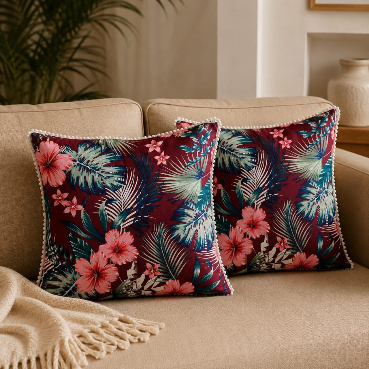 Chocolate Brown Herringbone Cushion Covers Set of 2 | Self-Weaved Textured Cushions with Fringe Edging