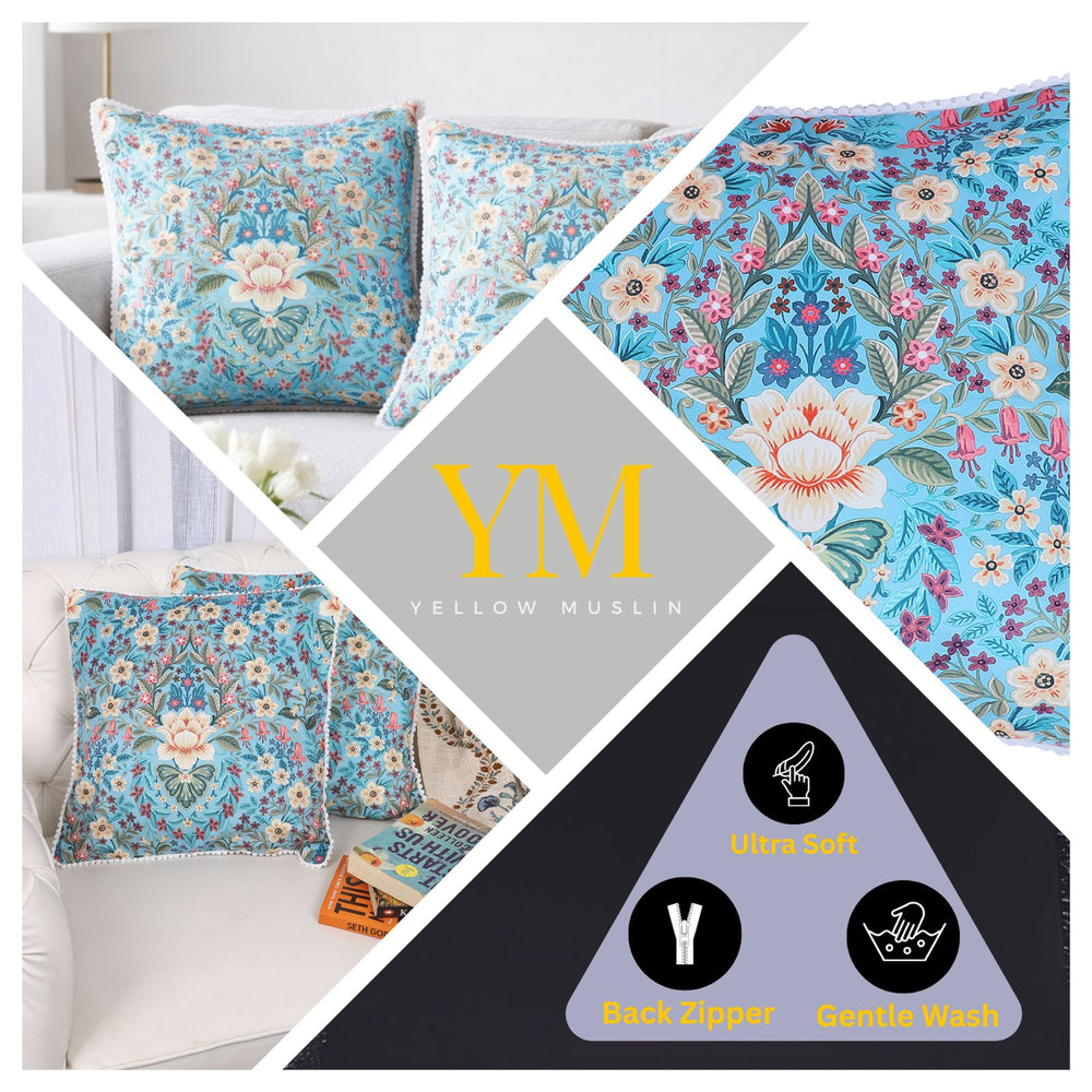 Blue Floral Velvet Cushion Covers – Set of 2