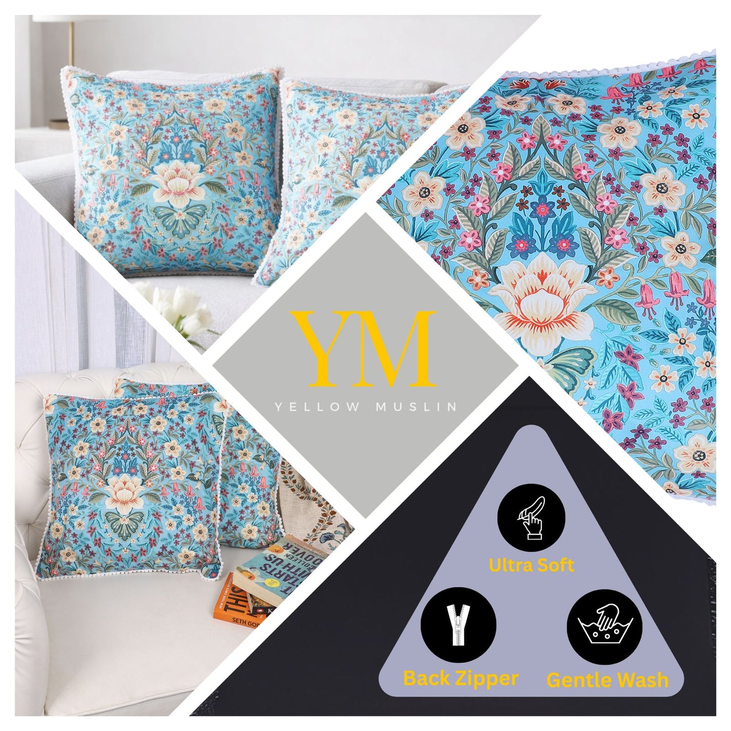Blue Floral Velvet Cushion Covers – Set of 2