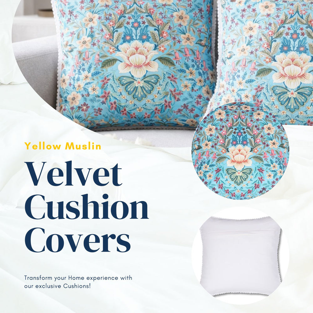 Blue Floral Velvet Cushion Covers – Set of 2