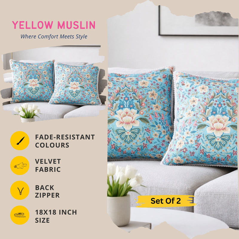 Blue Floral Velvet Cushion Covers – Set of 2