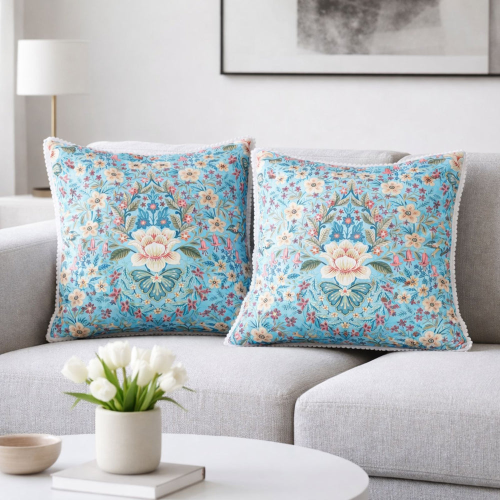 Blue Floral Velvet Cushion Covers – Set of 2