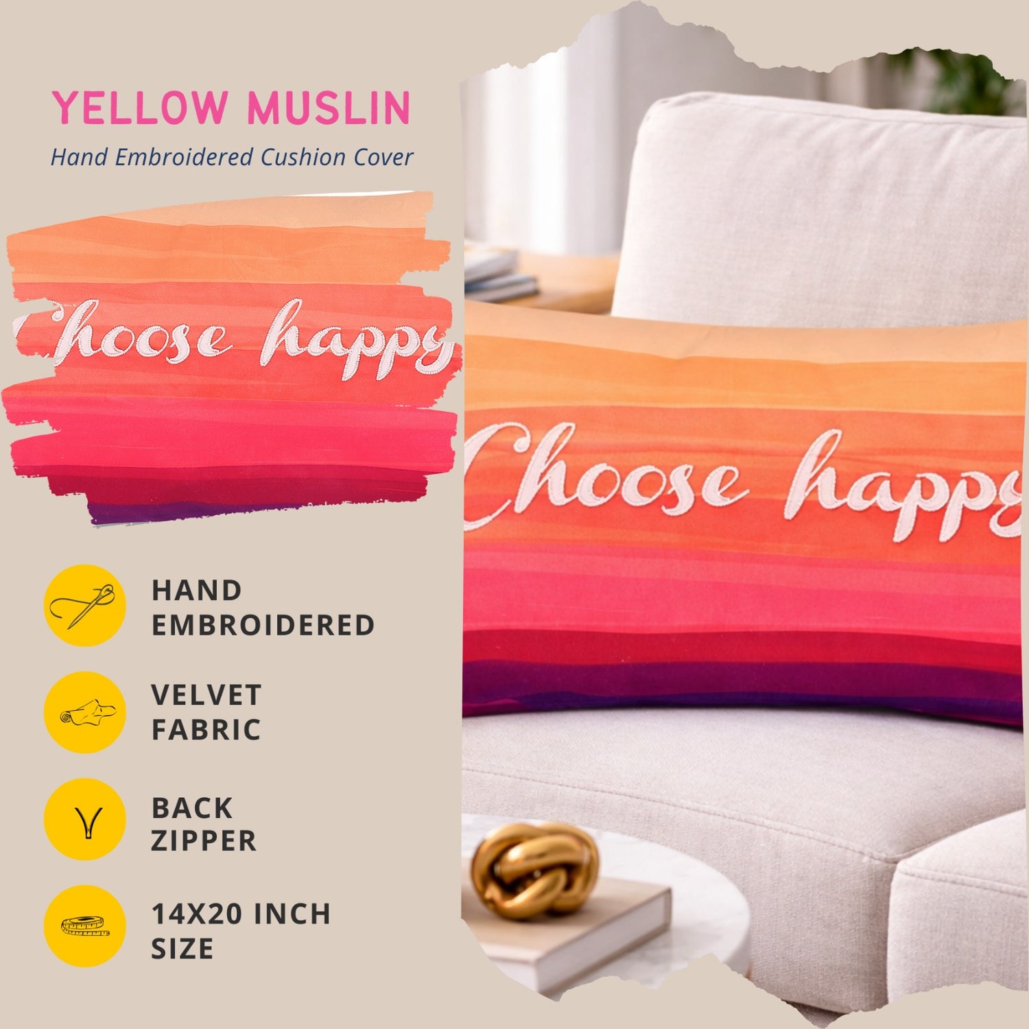 Multicolour Velvet “Choose Happy” Cushion Cover
