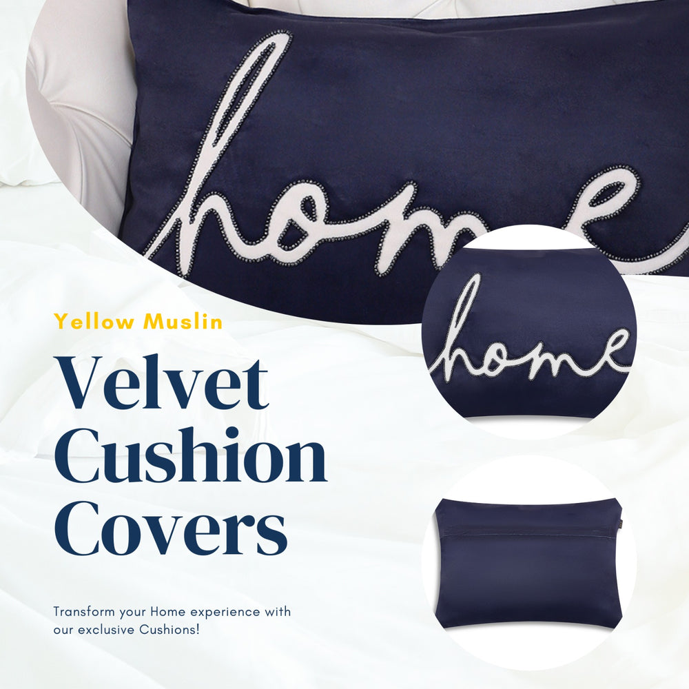 Navy Blue Velvet “Home” Embroidered Cushion Cover