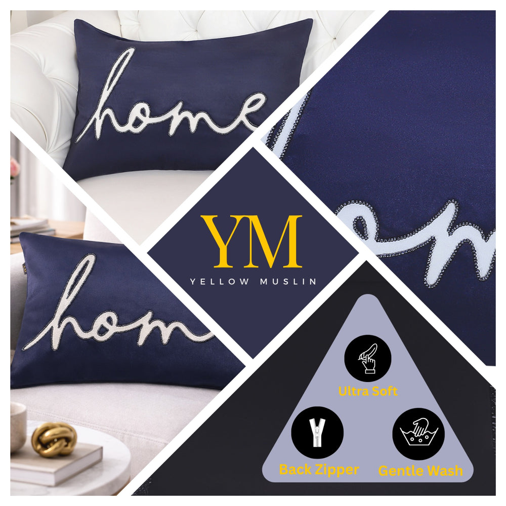 Navy Blue Velvet “Home” Embroidered Cushion Cover