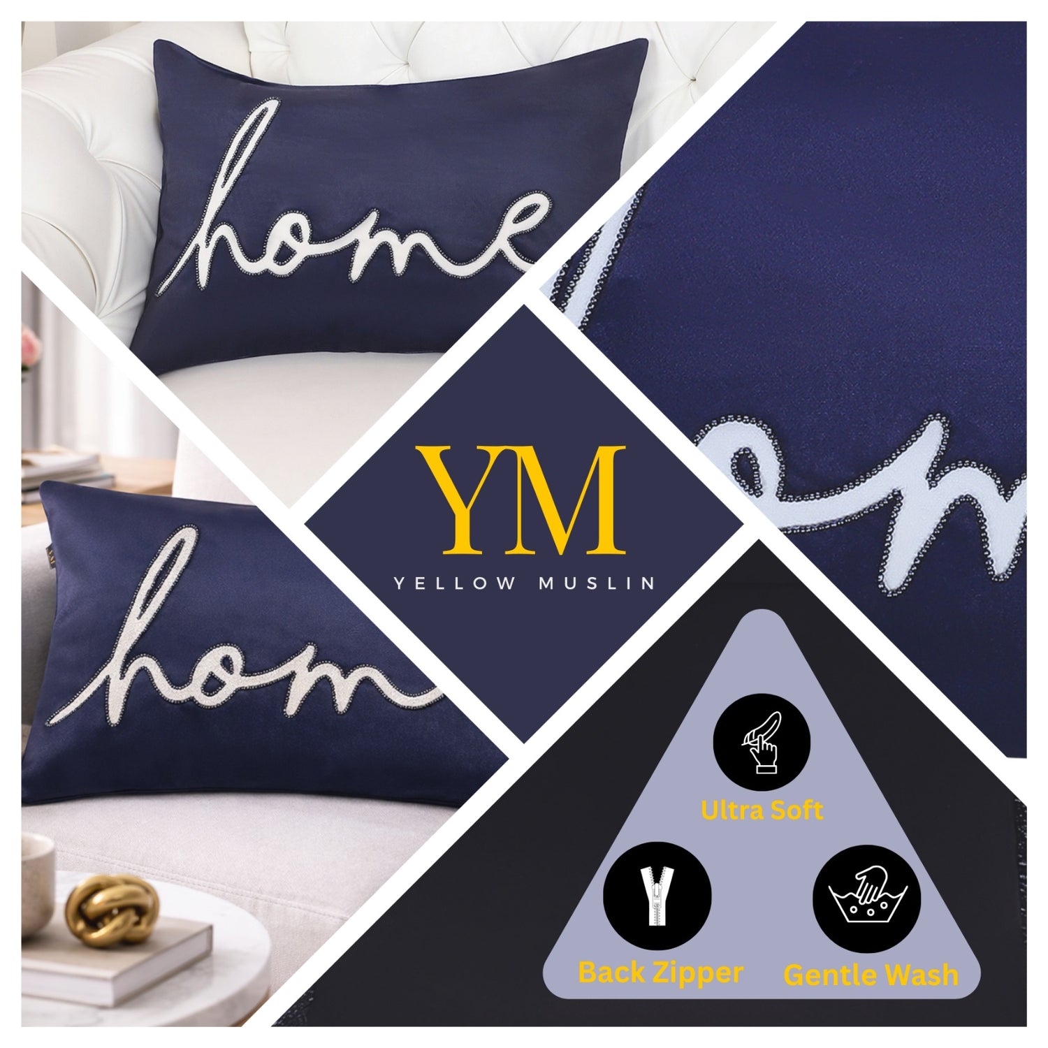 Navy Blue Velvet “Home” Embroidered Cushion Cover
