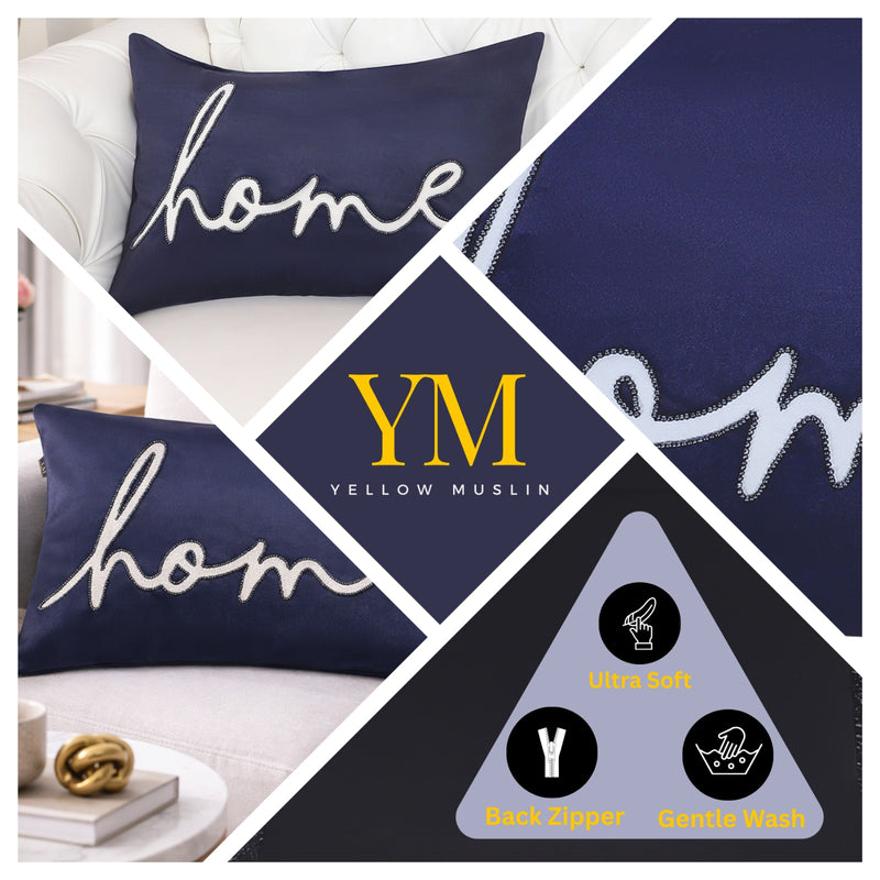 Navy Blue Velvet “Home” Embroidered Cushion Cover