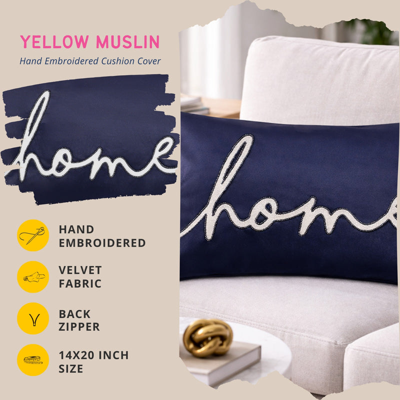 Navy Blue Velvet “Home” Embroidered Cushion Cover