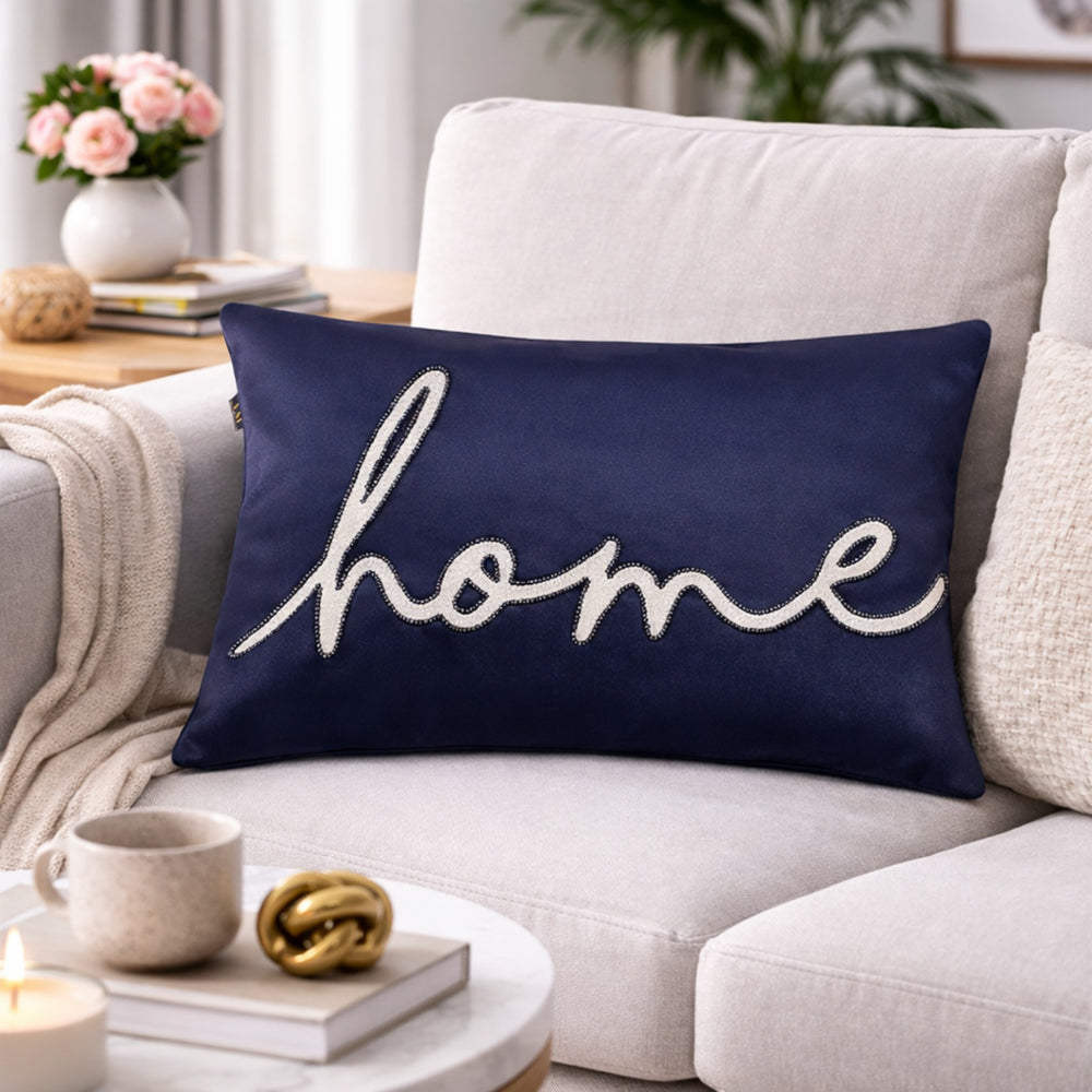 Navy Blue Velvet “Home” Embroidered Cushion Cover