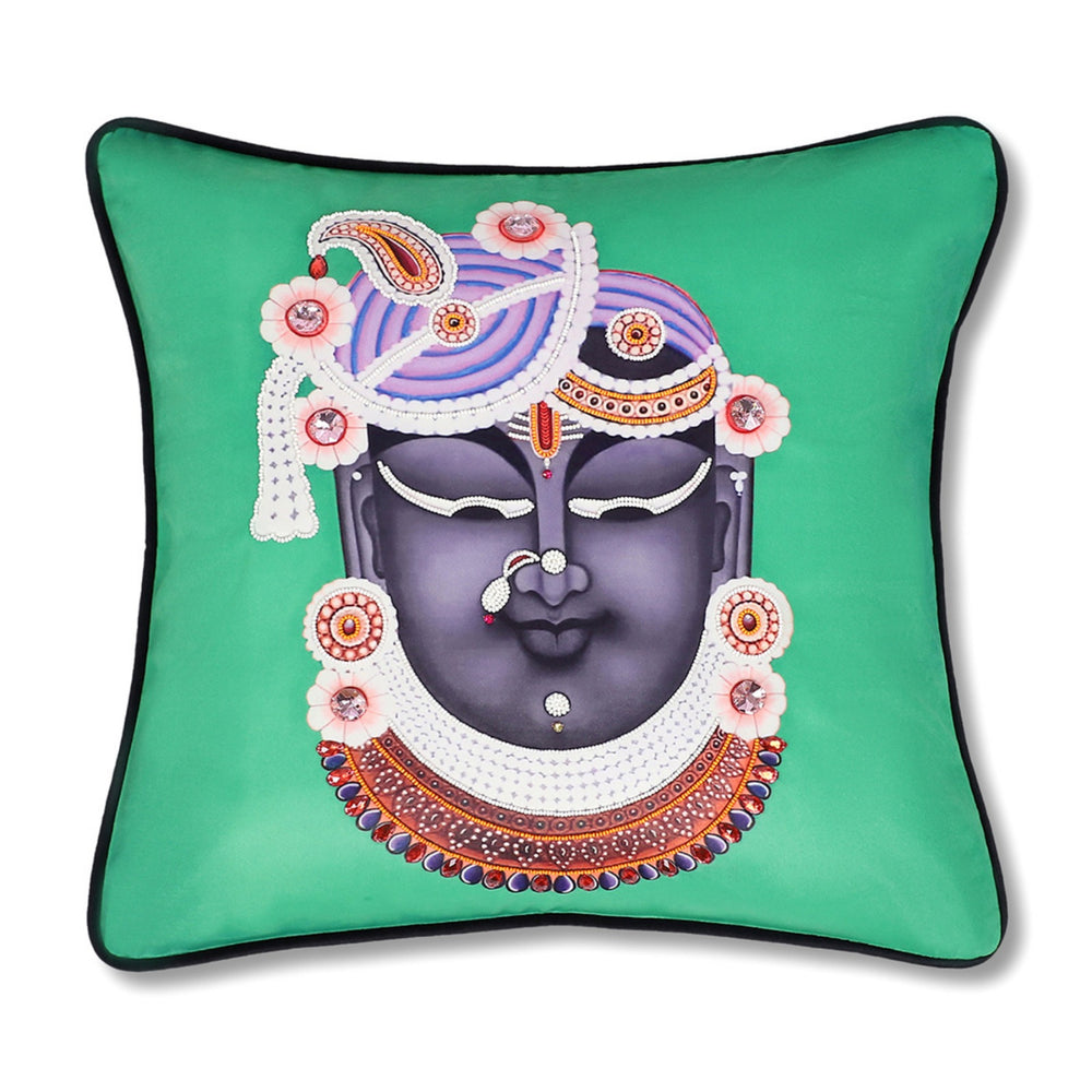Hand Embroidered Krishna Velvet Cushion Cover in Emerald Green