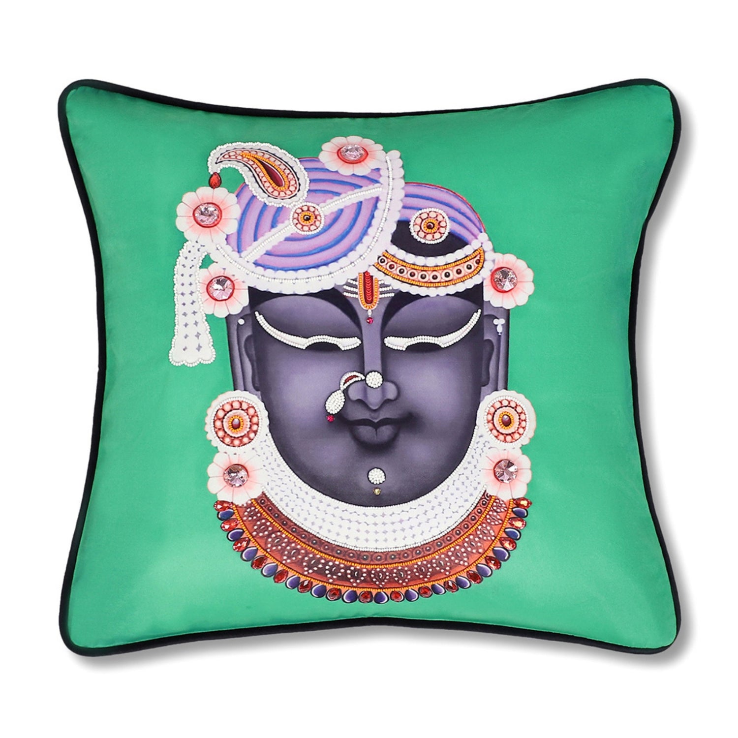 Hand Embroidered Krishna Velvet Cushion Cover in Emerald Green