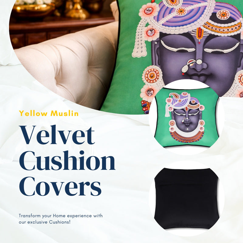 Hand Embroidered Krishna Velvet Cushion Cover in Emerald Green