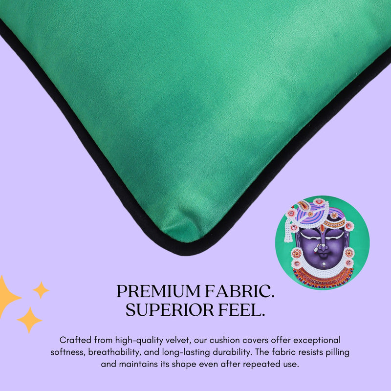 Hand Embroidered Krishna Velvet Cushion Cover in Emerald Green