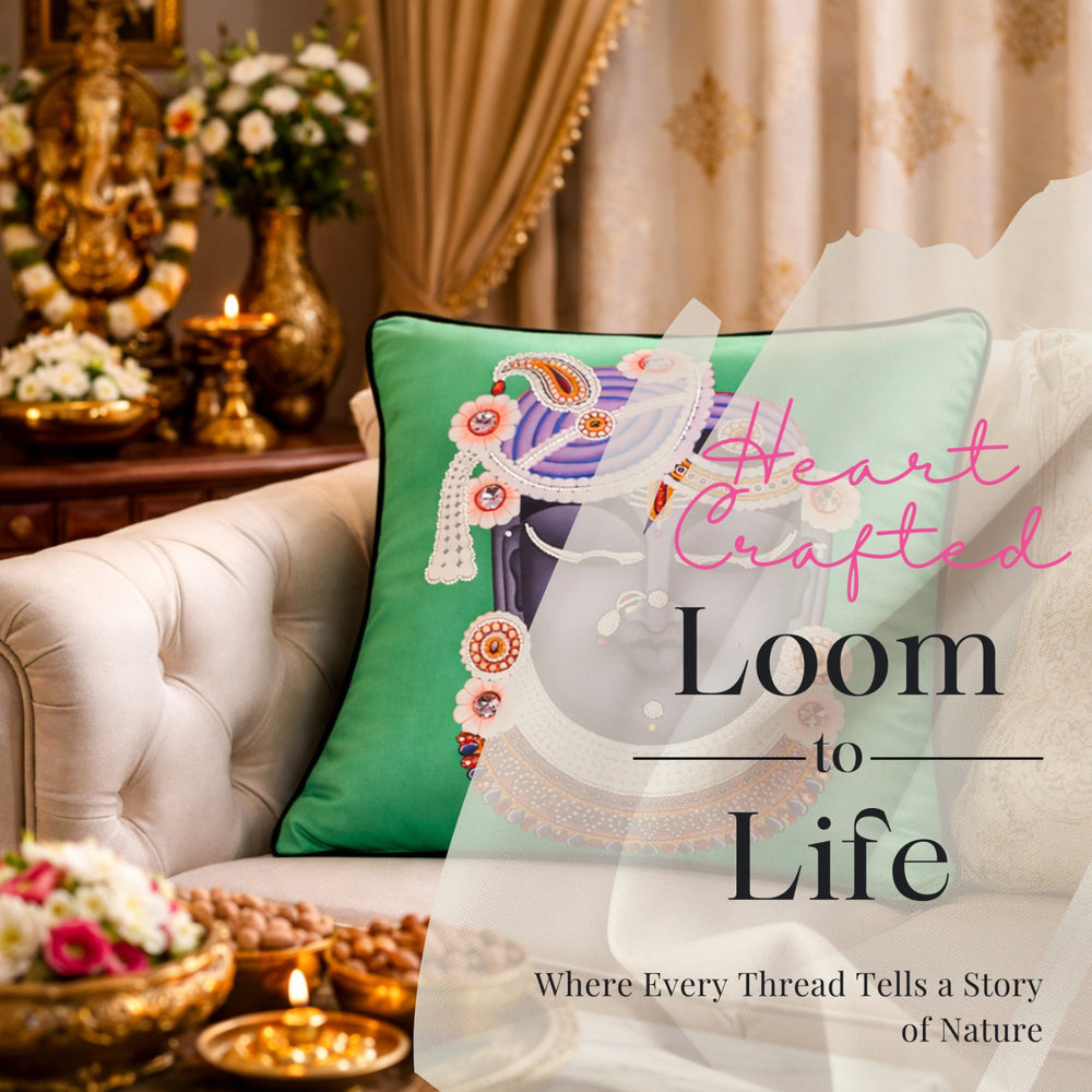 Hand Embroidered Krishna Velvet Cushion Cover in Emerald Green