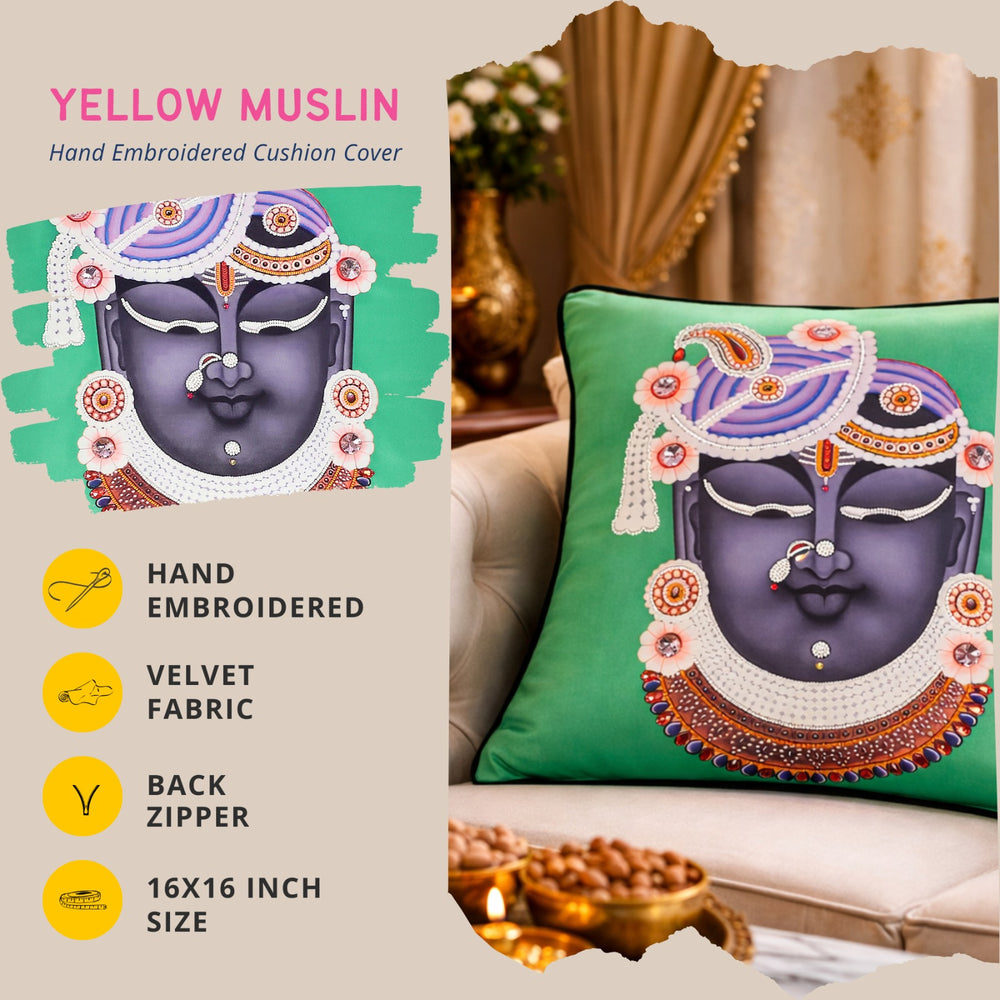 Hand Embroidered Krishna Velvet Cushion Cover in Emerald Green