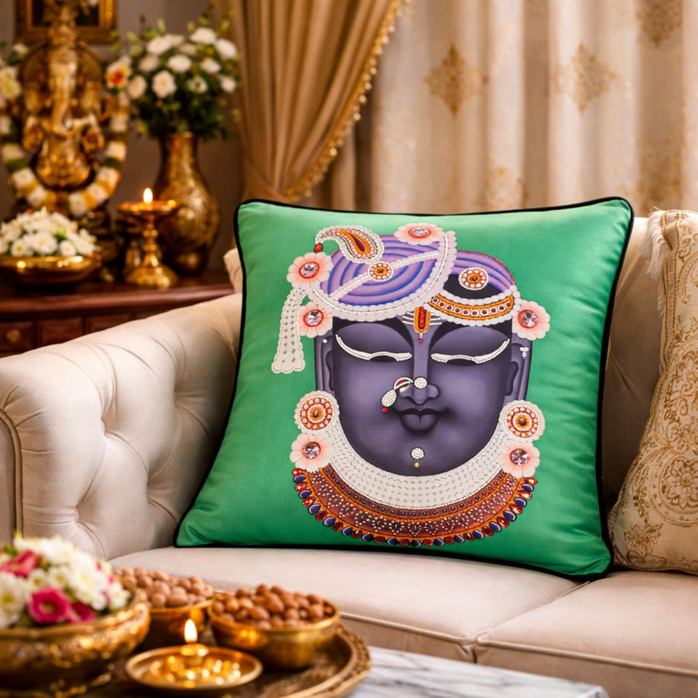 Hand Embroidered Krishna Velvet Cushion Cover in Emerald Green