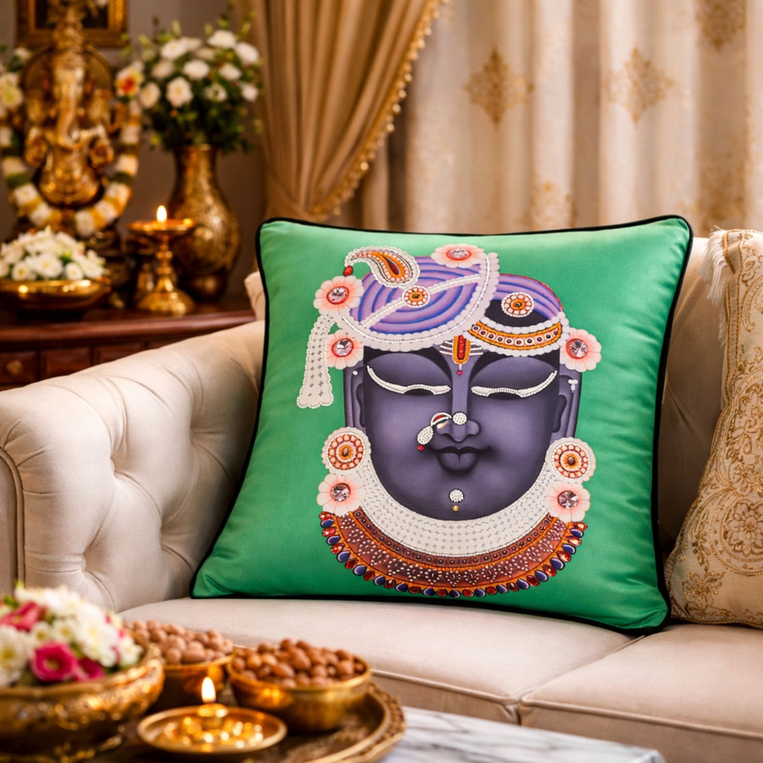 Hand Embroidered Krishna Velvet Cushion Cover in Emerald Green