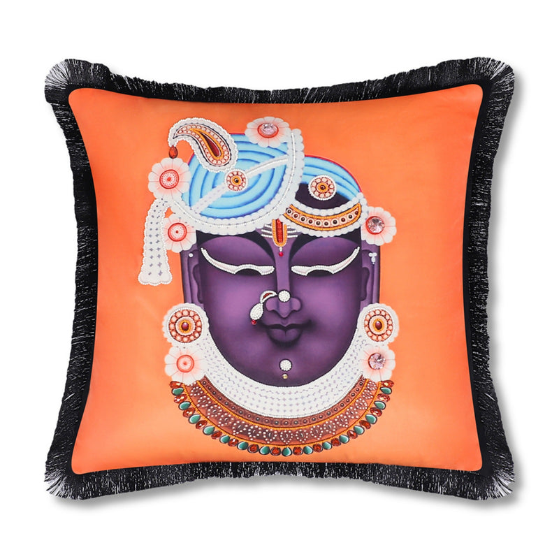 Hand Embroidered Krishna Velvet Cushion Cover in Orange
