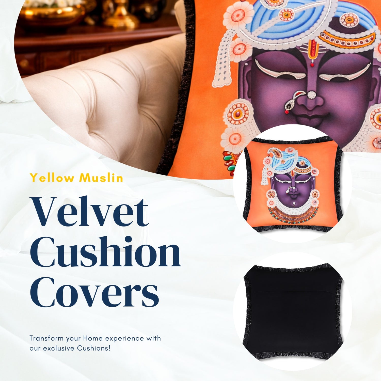 Hand Embroidered Krishna Velvet Cushion Cover in Orange