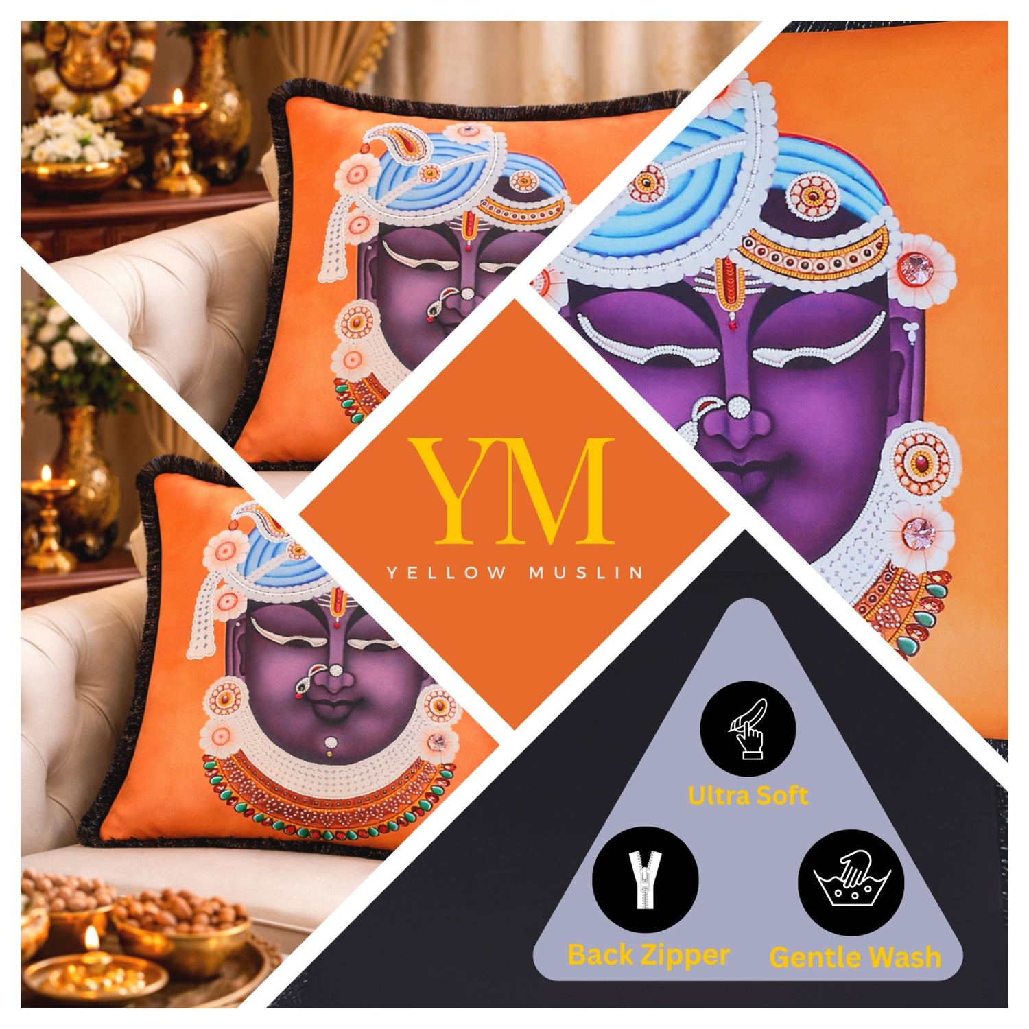 Hand Embroidered Krishna Velvet Cushion Cover in Orange