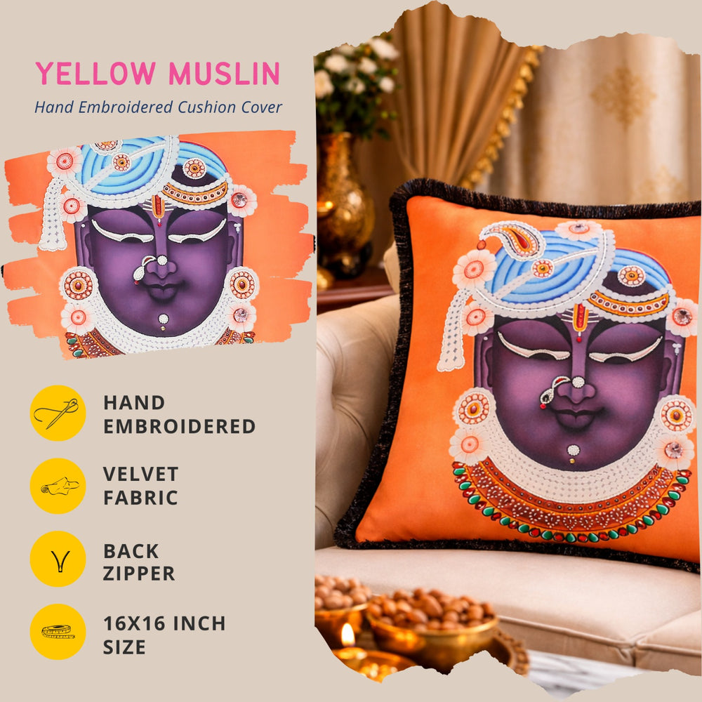 Hand Embroidered Krishna Velvet Cushion Cover in Orange