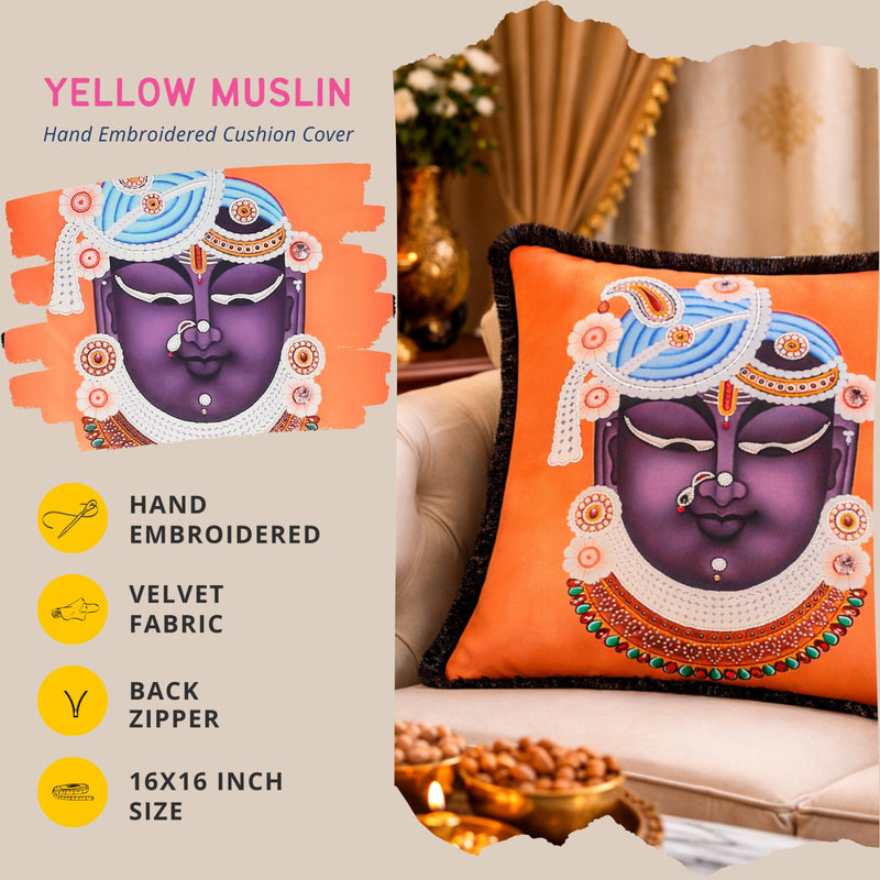 Hand Embroidered Krishna Velvet Cushion Cover in Orange