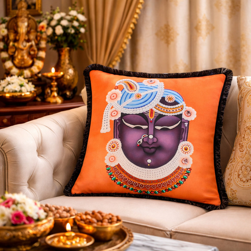 Hand Embroidered Krishna Velvet Cushion Cover in Orange