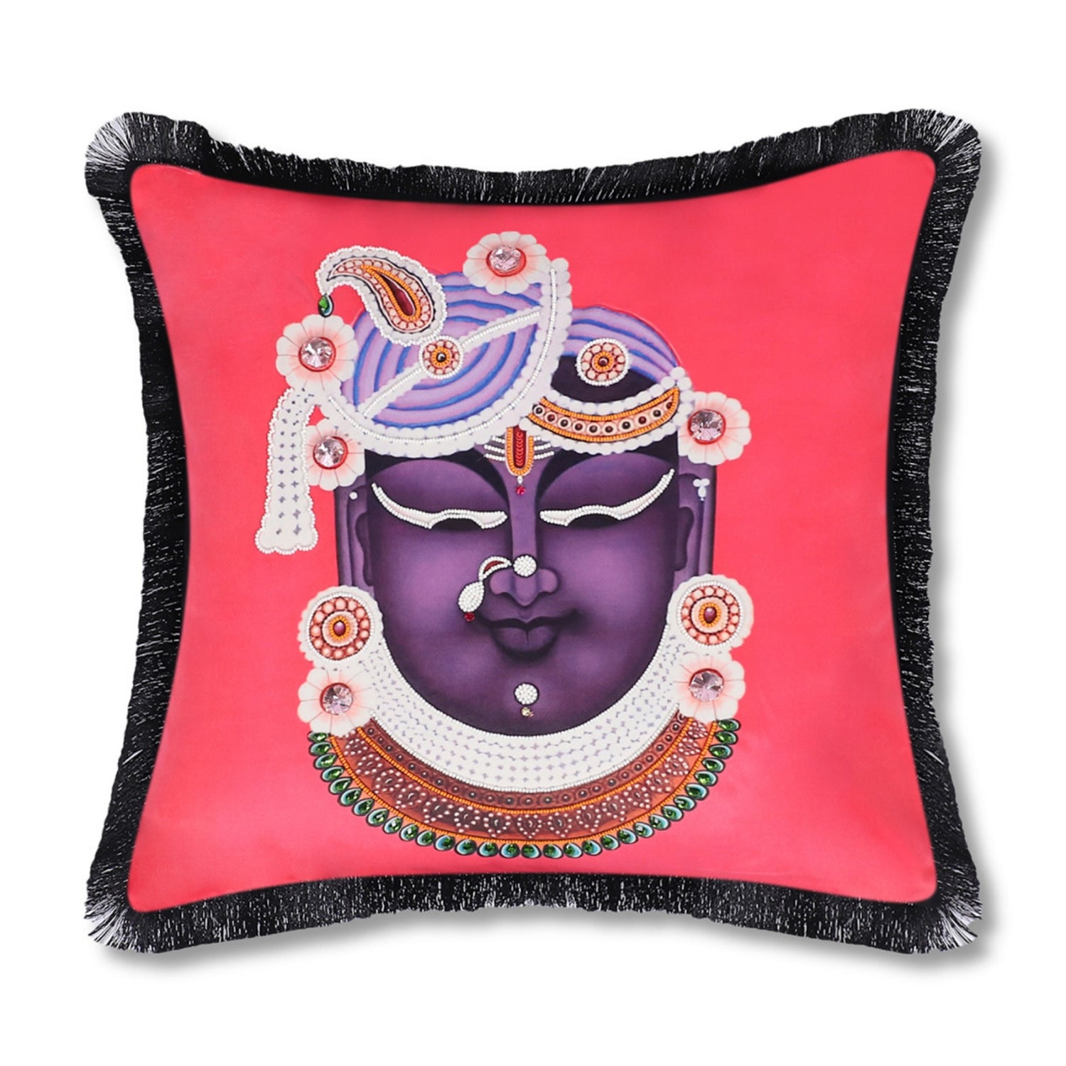 Divine Krishna Hand Embroidered Pink Velvet Cushion Cover
