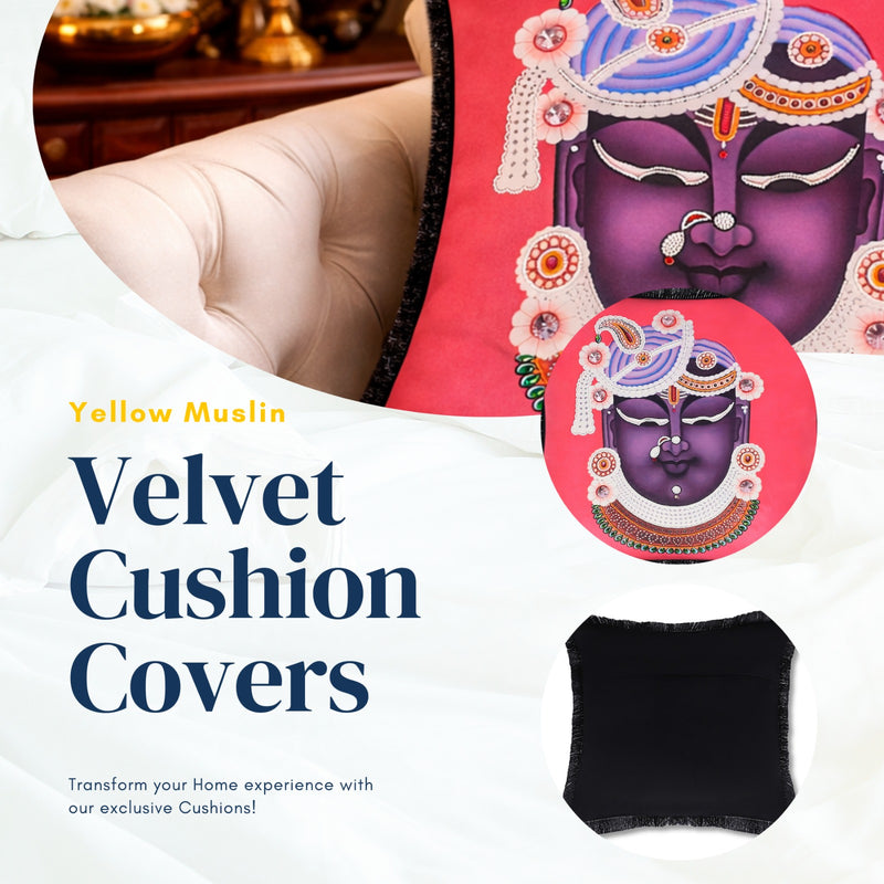 Divine Krishna Hand Embroidered Pink Velvet Cushion Cover