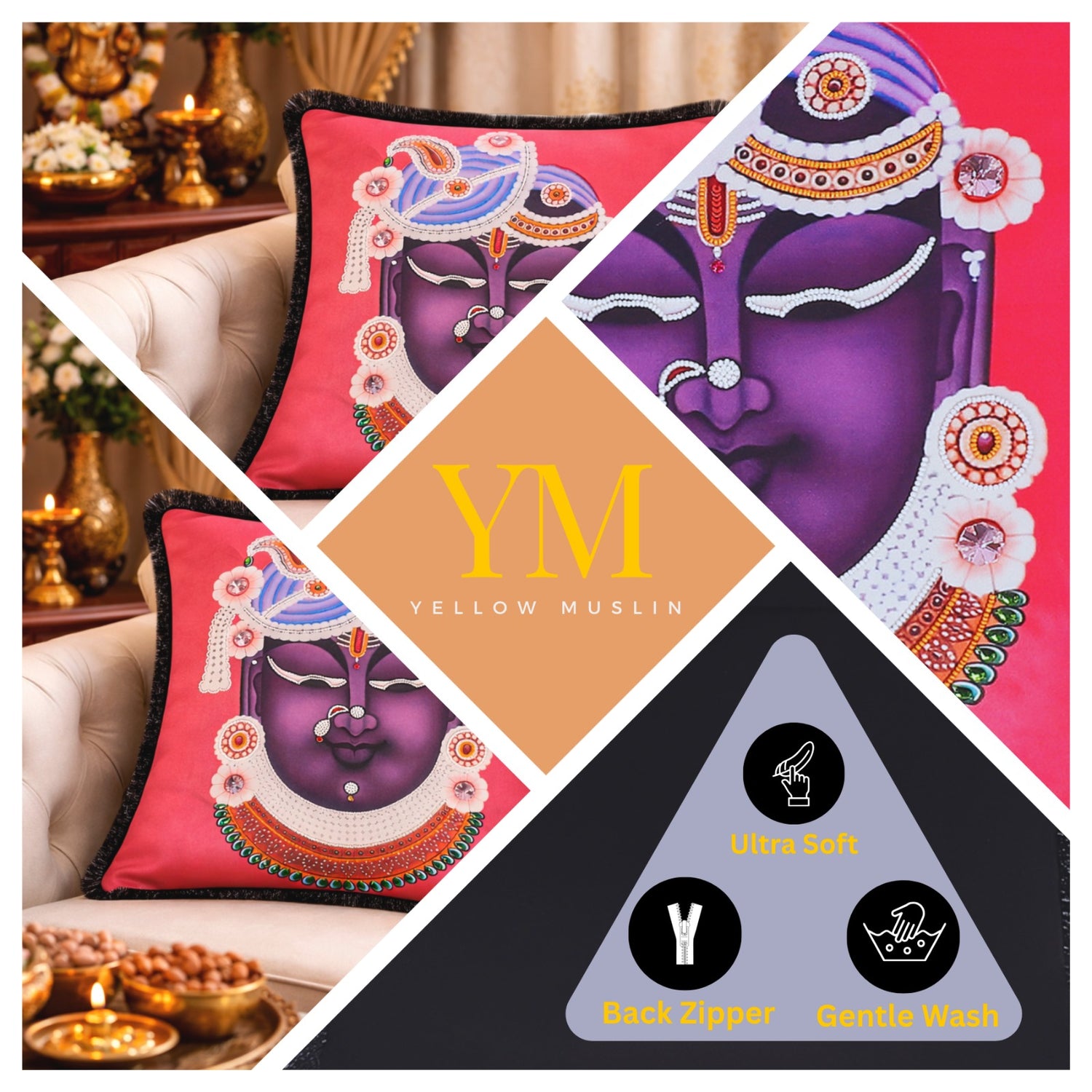 Divine Krishna Hand Embroidered Pink Velvet Cushion Cover
