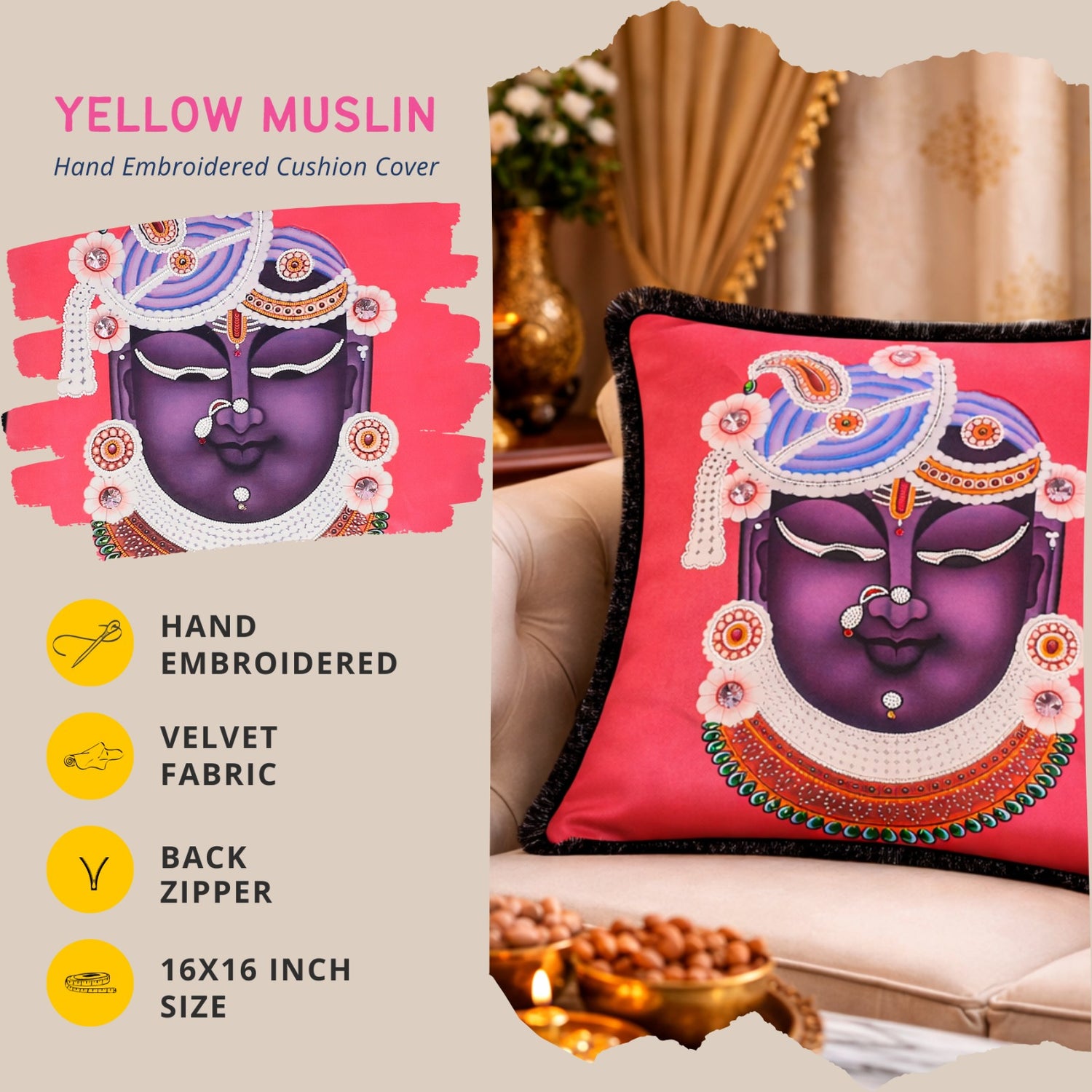Divine Krishna Hand Embroidered Pink Velvet Cushion Cover