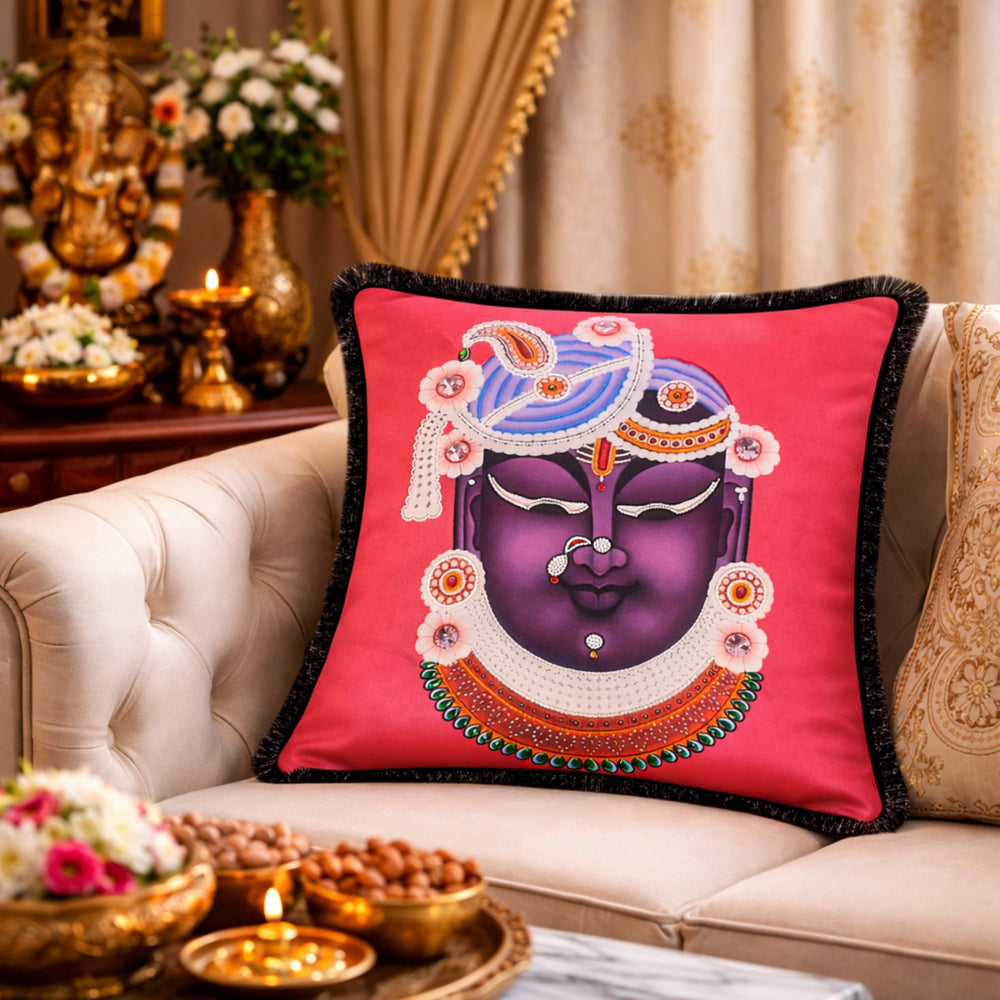 Divine Krishna Hand Embroidered Pink Velvet Cushion Cover