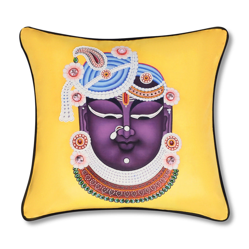 Hand Embroidered Krishna Velvet Cushion Cover in Yellow