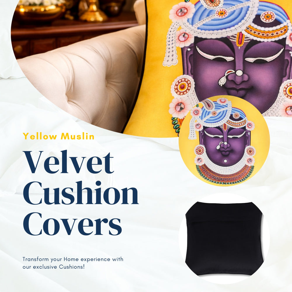 Hand Embroidered Krishna Velvet Cushion Cover in Yellow