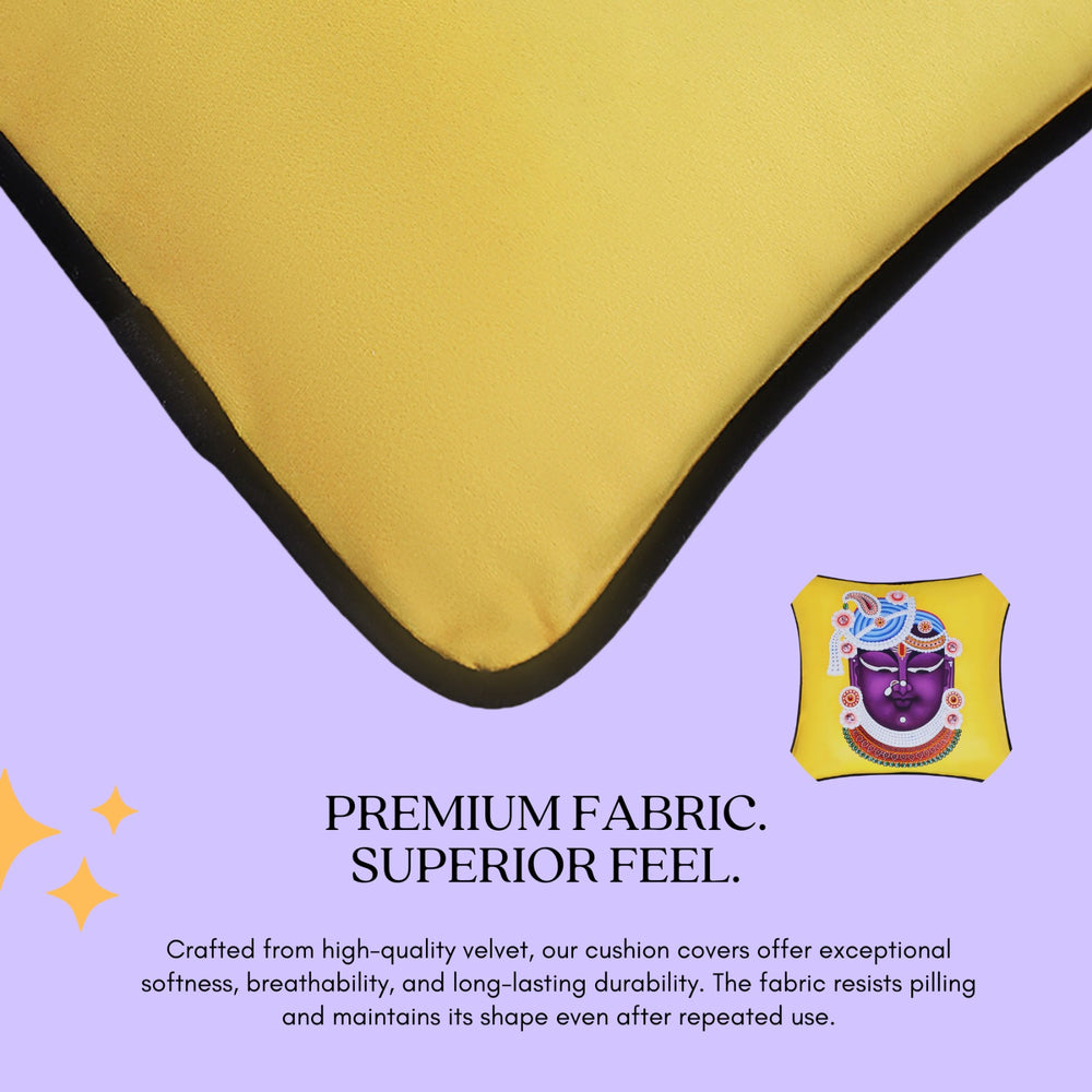 Hand Embroidered Krishna Velvet Cushion Cover in Yellow
