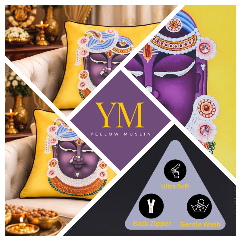 Hand Embroidered Krishna Velvet Cushion Cover in Yellow