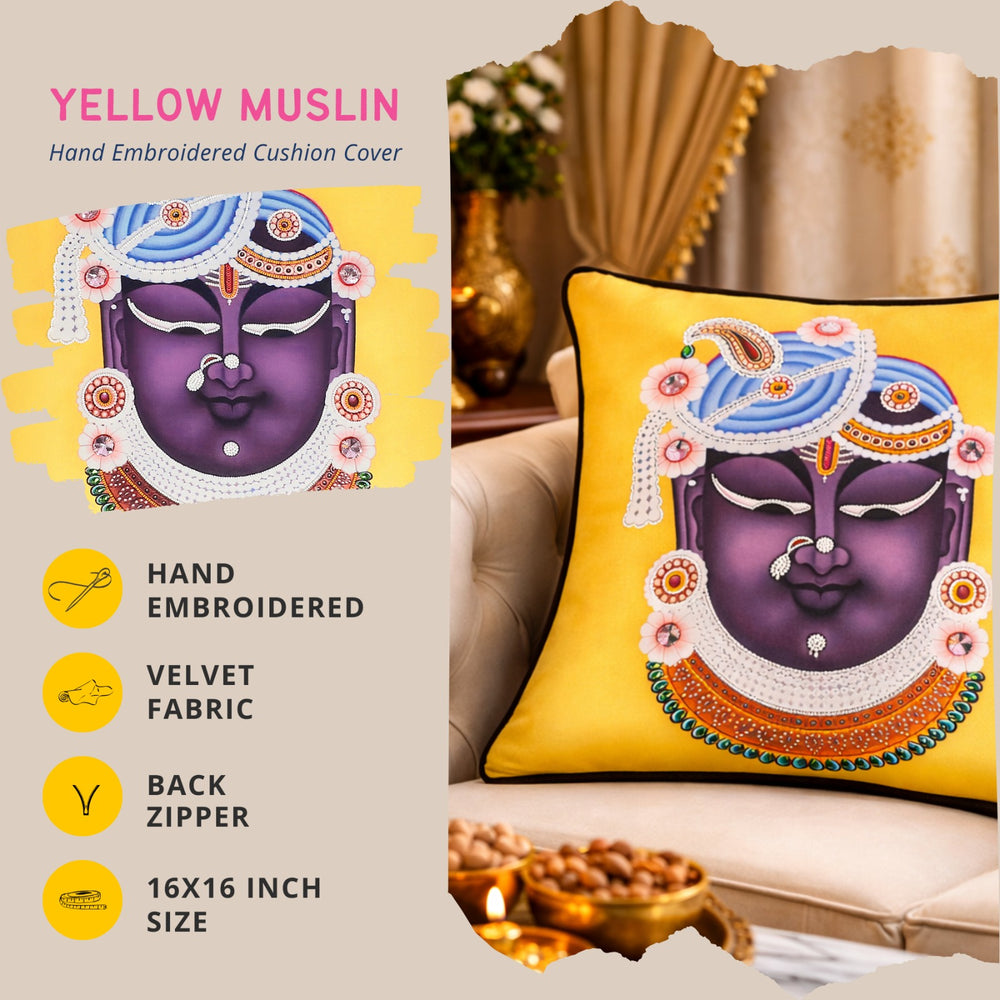 Hand Embroidered Krishna Velvet Cushion Cover in Yellow